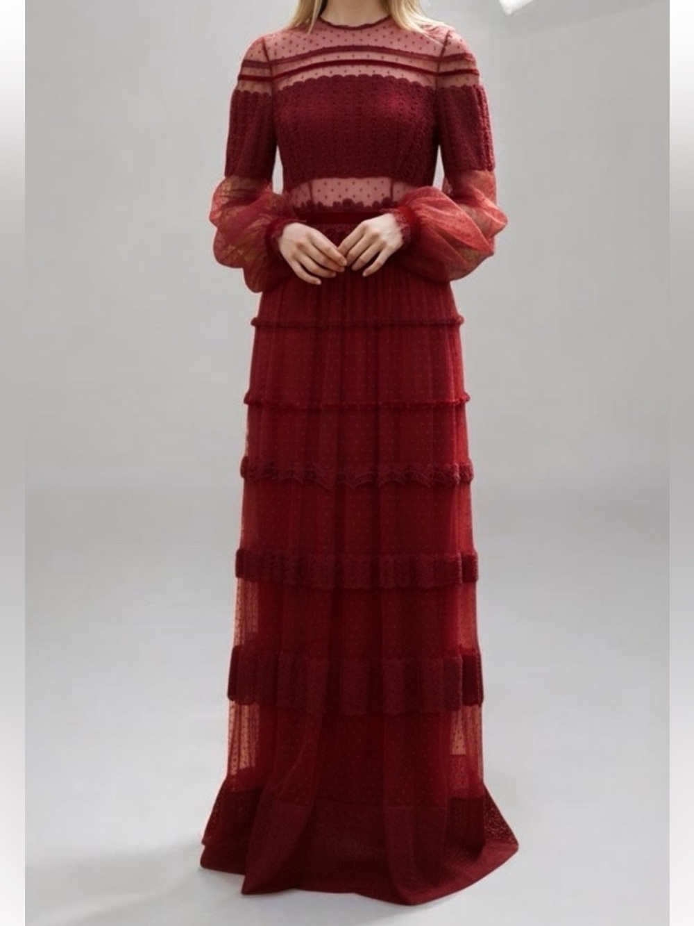 Costarellos Evening Gown size 8 red sheer chiffon skirt tiered lace designer